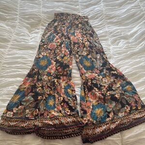 Angie Floral Wide Leg Pants in Black with Blue and Coral Flowers